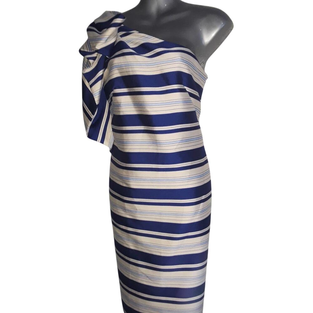 NWT Sz 4 Banana Republic One Shoulder Cascade Bow Striped Dress - Picture 2 of 9